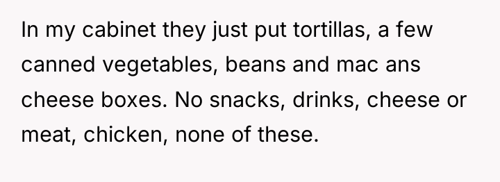 In my cabinet they just put tortillas, a few canned...
