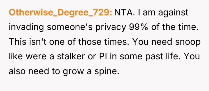 Otherwise_Degree_729 NTA. I am against invading someone's privacy 99% of...