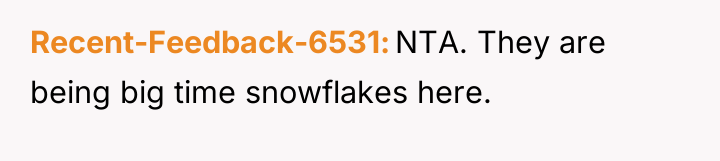 Recent-Feedback-6531 NTA. They are being big time snowflakes here.