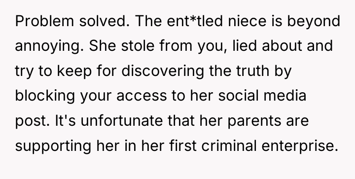 Problem solved. The ent*tled niece is beyond annoying. She stole...