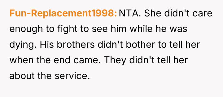 Fun-Replacement1998 NTA. She didn't care enough to fight to see...