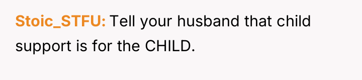 Stoic_STFU Tell your husband that child support is for the...