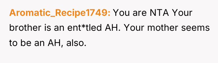 Aromatic_Recipe1749 You are NTA Your brother is an ent*tled AH....