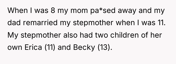 When I was 8 my mom pa*sed away and my...