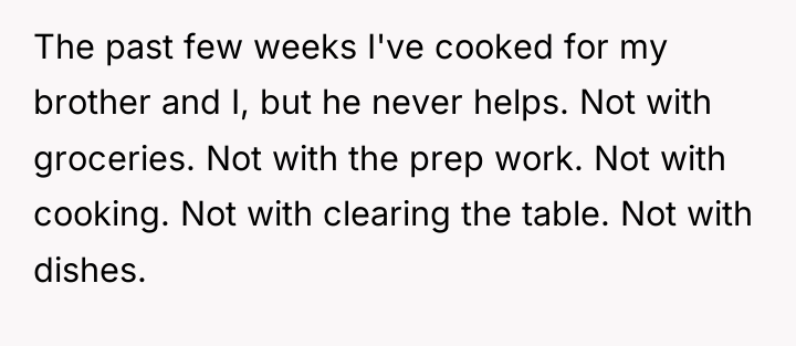 The past few weeks I've cooked for my brother and...