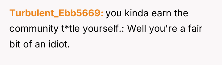 Turbulent_Ebb5669 you kinda earn the community t*tle yourself.: Well you're...