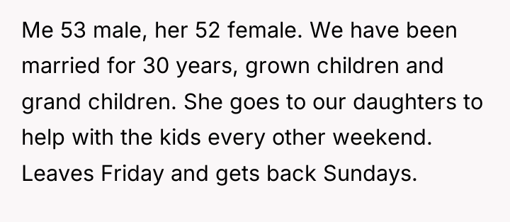 Me 53 male, her 52 female. We have been married...