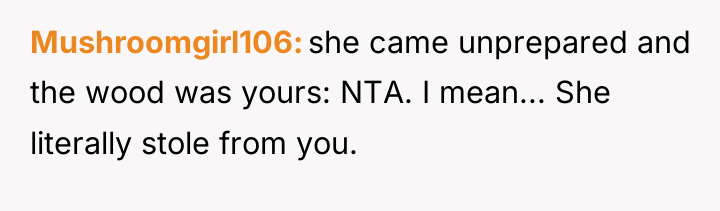 Mushroomgirl106 she came unprepared and the wood was yours: NTA....