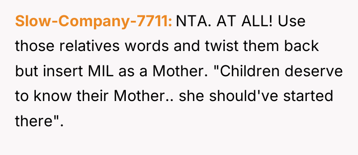 Slow-Company-7711 NTA. AT ALL! Use those relatives words and twist...