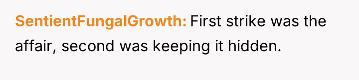 SentientFungalGrowth First strike was the affair, second was keeping it...
