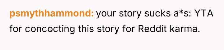 psmythhammond your story sucks a*s: YTA for concocting this story...