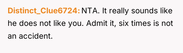 Distinct_Clue6724 NTA. It really sounds like he does not like...