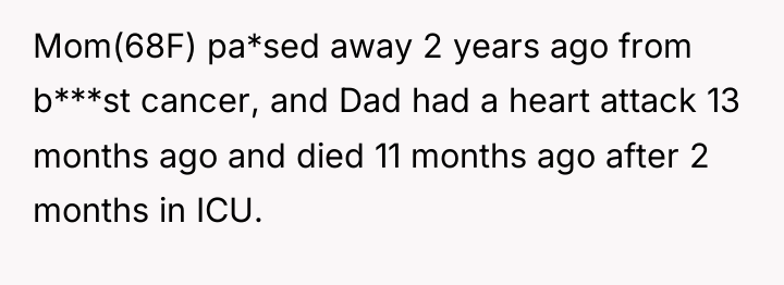 Mom(68F) pa*sed away 2 years ago from b***st cancer, and...