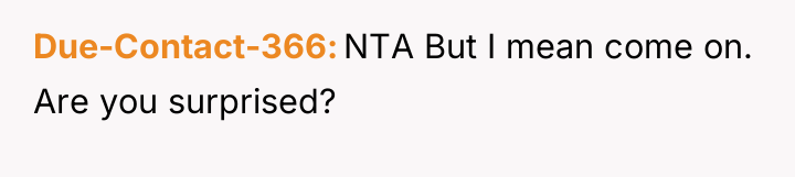 Due-Contact-366 NTA But I mean come on. Are you surprised?