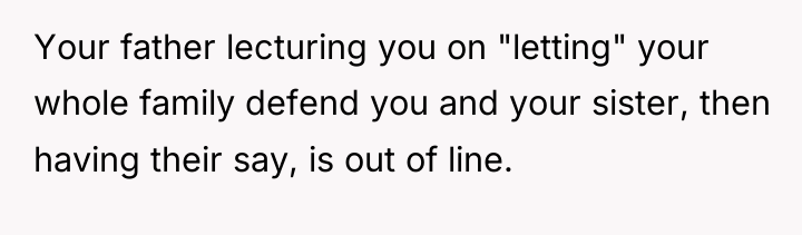 Your father lecturing you on "letting" your whole family defend...