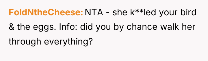 FoldNtheCheese NTA - she k**led your bird & the eggs....