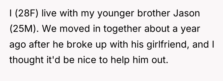 I (28F) live with my younger brother Jason (25M). We...
