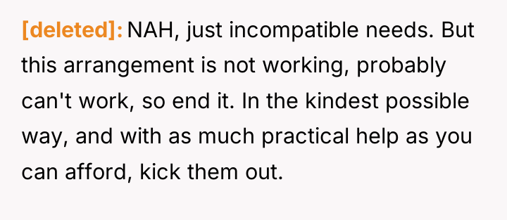 [deleted] NAH, just incompatible needs. But this arrangement is not...