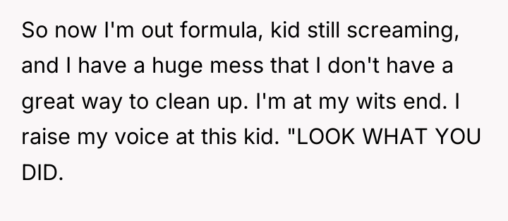 So now I'm out formula, kid still screaming, and I...