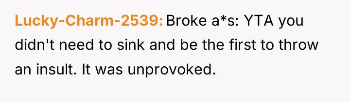 Lucky-Charm-2539 Broke a*s: YTA you didn't need to sink and...