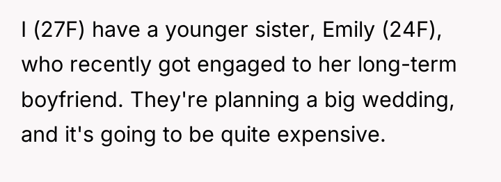 I (27F) have a younger sister, Emily (24F), who recently...