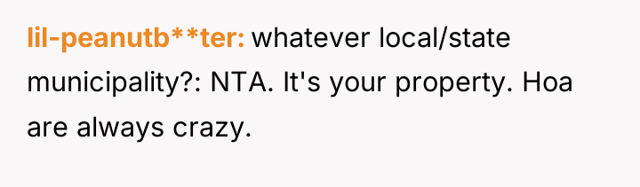 lil-peanutb**ter whatever local/state municipality?: NTA. It's your property. Hoa are...