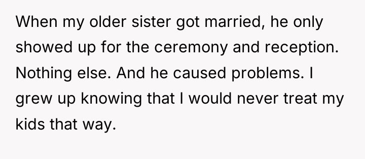 When my older sister got married, he only showed up...