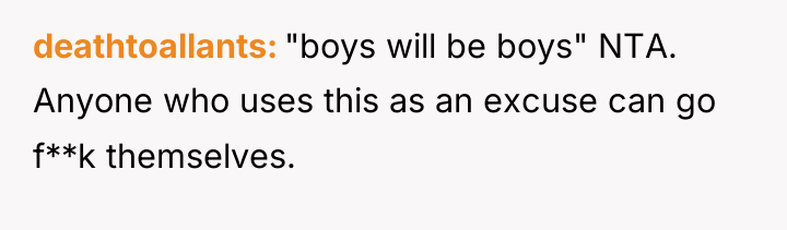deathtoallants "boys will be boys" NTA. Anyone who uses this...