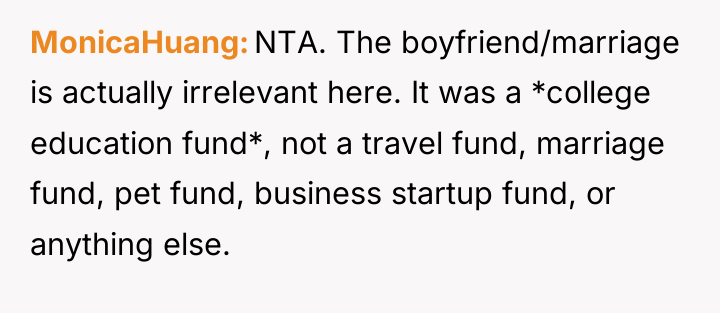 MonicaHuang NTA. The boyfriend/marriage is actually irrelevant here. It was...