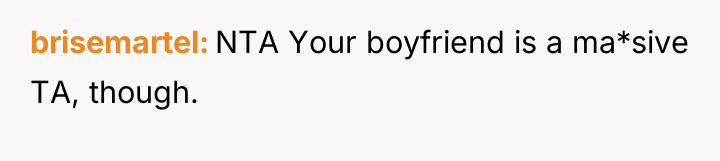 brisemartel NTA Your boyfriend is a ma*sive TA, though.