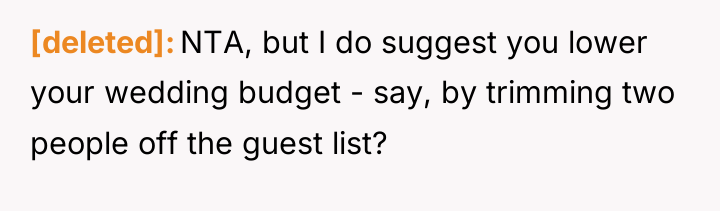 [deleted] NTA, but I do suggest you lower your wedding...