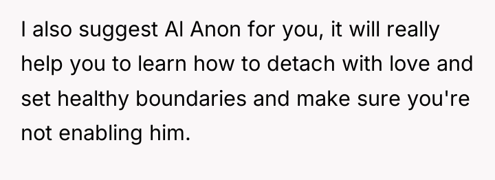I also suggest Al Anon for you, it will really...