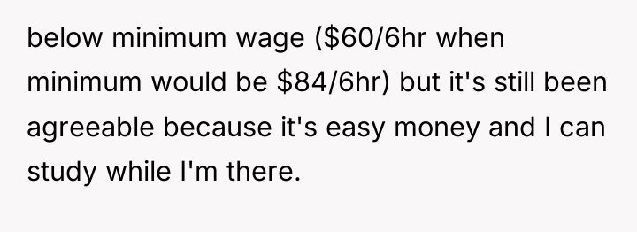 below minimum wage ($60/6hr when minimum would be $84/6hr) but...