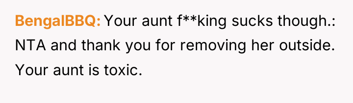 BengalBBQ Your aunt f**king sucks though.: NTA and thank you...
