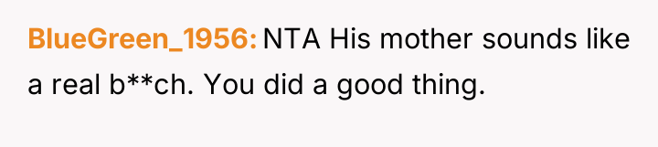 BlueGreen_1956 NTA His mother sounds like a real b**ch. You...