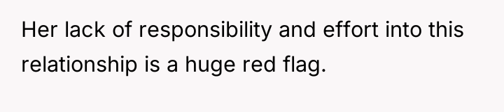 Her lack of responsibility and effort into this relationship is...