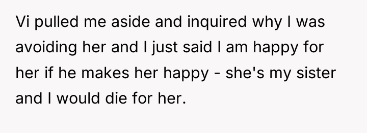 Vi pulled me aside and inquired why I was avoiding...