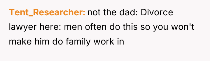 Tent_Researcher not the dad: Divorce lawyer here: men often do...