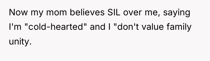 Now my mom believes SIL over me, saying I'm "cold-hearted"...
