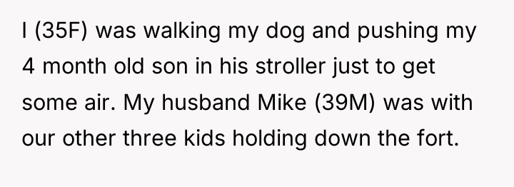 I (35F) was walking my dog and pushing my 4...