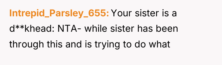 Intrepid_Parsley_655 Your sister is a d**khead: NTA- while sister has...