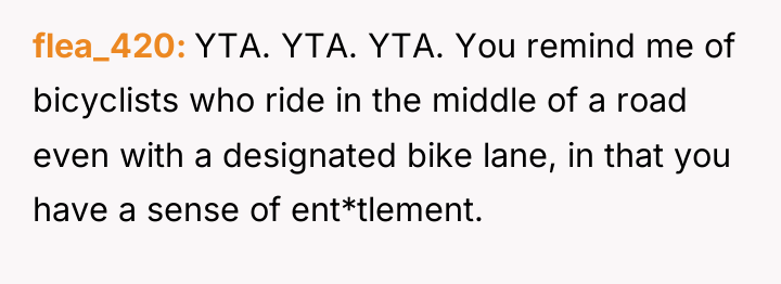flea_420 YTA. YTA. YTA. You remind me of bicyclists who...