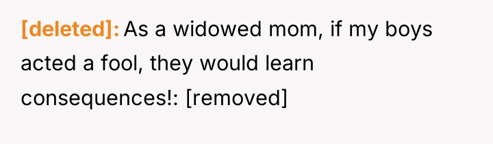 [deleted] As a widowed mom, if my boys acted a...