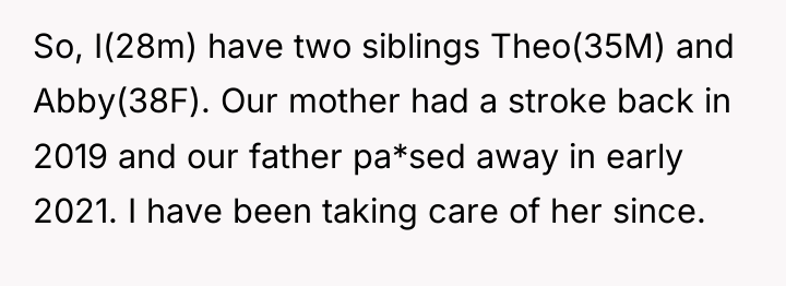 So, I(28m) have two siblings Theo(35M) and Abby(38F). Our mother...