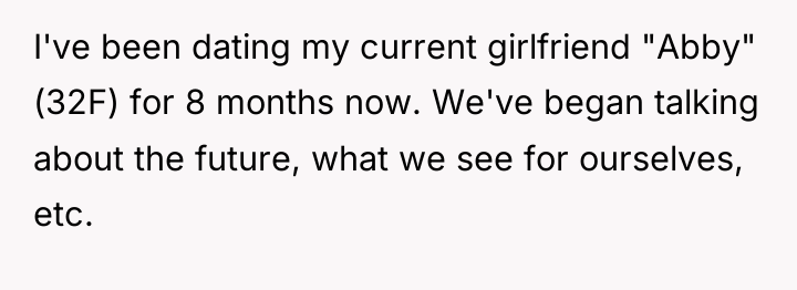 I've been dating my current girlfriend "Abby" (32F) for 8...