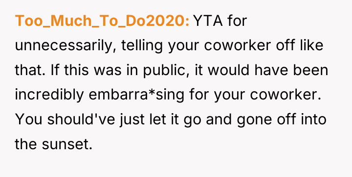 Too_Much_To_Do2020 YTA for unnecessarily, telling your coworker off like that....