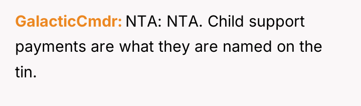 GalacticCmdr NTA: NTA. Child support payments are what they are...