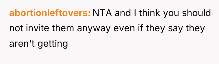 abortionleftovers NTA and I think you should not invite them...