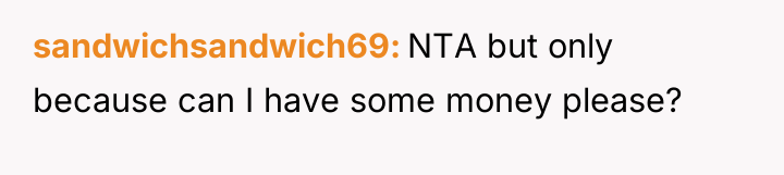 sandwichsandwich69 NTA but only because can I have some money...