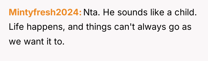 Mintyfresh2024 Nta. He sounds like a child. Life happens, and...
